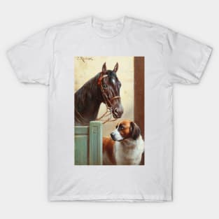 Friends, a Bay and a St Bernard in a Stable by Carl Reichert T-Shirt